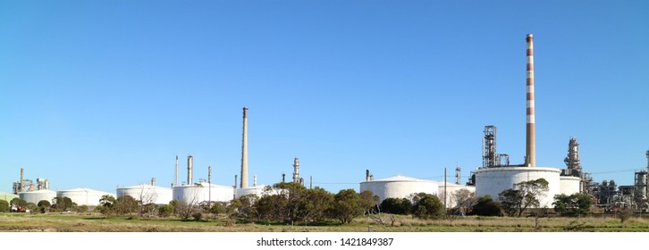 Fuel Storage Tanks Oil Refinery, Geelong Victoria Australia June 11 2019.   Oil refinery owned by Viva Energy Australia.   One of few in southern hemisphere producing Avgas for piston engine planes