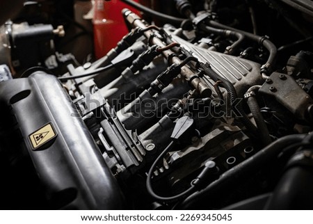 Fuel system of a car. Auto service. Car engine maintenance. Workshop.