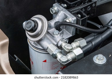 Fuel System Of The Tubes And Pipes Of The Tractor Or Bulldozer Or Other Construction Machinery. Truck Back Parts Details Devices. Truck MOT Maintenance Repair.