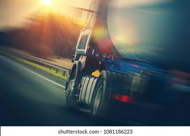 Fuel Tanker Truck On The Road. Modern Land Transportation Theme. Semi Truck Vehicle.