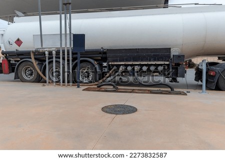 Similar – Foto Bild Zwei Tanklastzüge überqueren eine Autobahn über eine Brücke, Luftaufnahme.