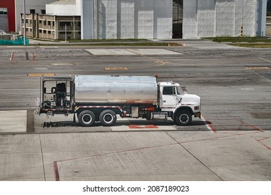 Fuel Truck At An Airport To Refuel A Jet Aircraft, Airliner Refuelling