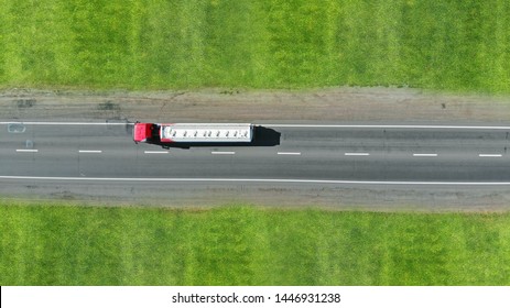 Fuel Truck Driving. Aerial View From Drone.