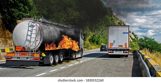 Fuel truck in flames. The fuel tank caught fire