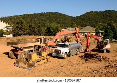 Fuel Truck On Its Morning Fueling Of The Equipment On A New Commercial Development Construction Project.