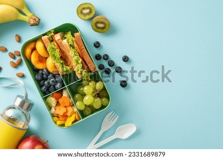 Fuel up your mind: Top view image featuring lunch box with sandwiches, fruits and vegetables, water bottle on pastel blue isolated background, with copy-space available for text or promotional content