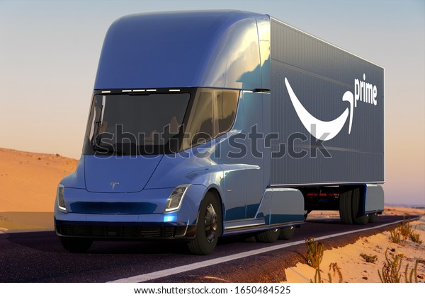 Fuerteventura, Spain -January\
2020:Tesla Semi Truck with a semi-trailer with the Amazon Prime\
logo