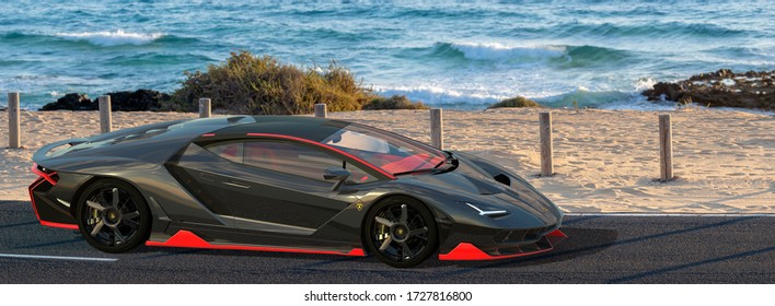 Fuerteventura, Spain-January 2020:Lamborghini Centenario super sports car driving the scenic route in the Canary Islands