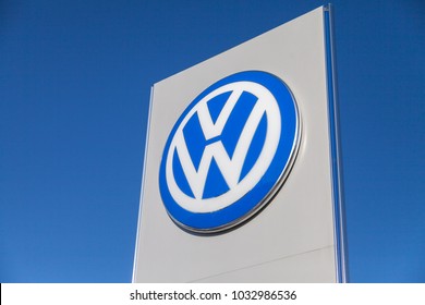 FUERTH / GERMANY - FEBRUARY 25, 2018: Volkswagen logo near a car dealer. Volkswagen is a German automaker founded on 28 May 1937 and headquartered in Wolfsburg.