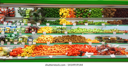 Fuits In Super Market Shelf Shop Green Grocery Retail Sell Background