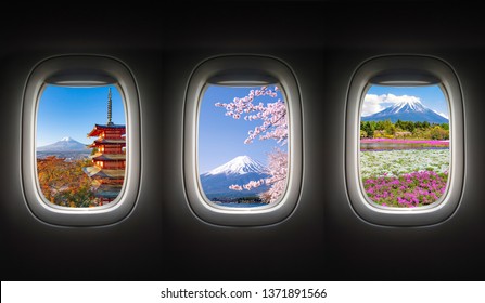 Fuji Mountain in Autumn and Spring Season in Window Frame of Airplane, Japan - Powered by Shutterstock