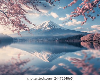 Fuji mountain and Pink Sakura Branches in Springtime and reflection in the lake Kawaguchiko at dawn, Japan - Powered by Shutterstock