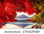Fuji Mountain Reflection and Red Maple Leaves with Morning Mist in Autumn, Kawaguchiko Lake, Japan