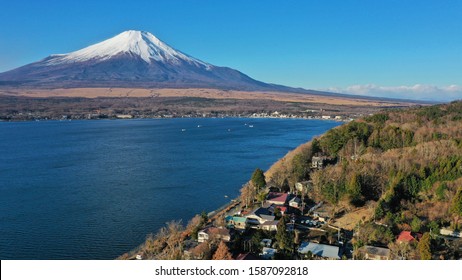 Fuji San Landscape View At Lake Yamanaka By Drone