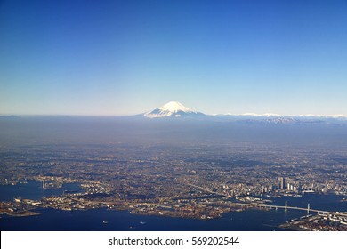 Fuji seen from the sky over Tokyo bay
