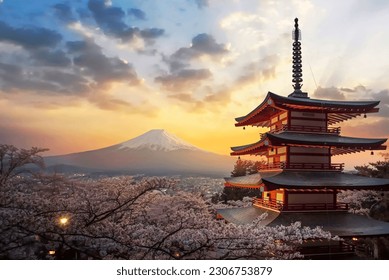 Fujiyoshida, Japan Beautiful view of mountain Fuji and Chureito pagoda at sunset, japan in the spring with cherry blossoms - Powered by Shutterstock