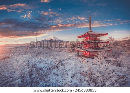 Fujiyoshida, Japan Beautiful view of mountain Fuji and Chureito pagoda at sunrise of Mount Fuji during winter.This is one of the famous spot to take pictures of Mount Fuji.