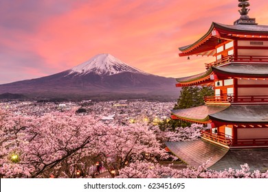 Fujiyoshida, Japan at Chureito Pagoda and Mt. Fuji in the spring with cherry blossoms. - Shutterstock ID 623451695