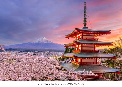 Fujiyoshida, Japan at Chureito Pagoda and Mt. Fuji in the spring with cherry blossoms.