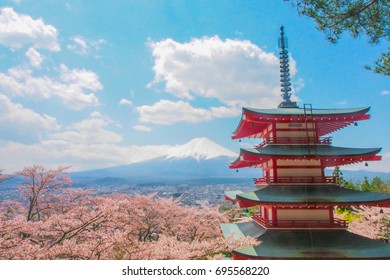 Fujiyoshida, Japan at Chureito Pagoda and Mt.Fuji in the spring with cherry blossoms. - Shutterstock ID 695568220