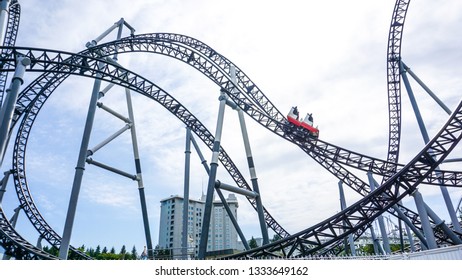 Fujiyoshida, Yamanashi Prefecture, Japan - May  25, 2018 - Roller Coaster Ride At Fuji Q Highland Theme Park.