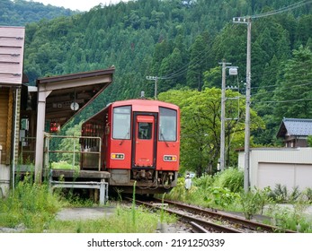 Fukui,Japan-August16,2022;Japanese Diesel Engine  Train Stops At Kuzuryuko Station.