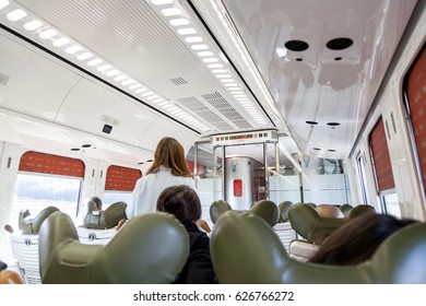 FUKUOKA, JAPAN - MARCH 16, 2017 : Interior Design Of JR Kyushu Sonic 883 Limited Express Train From Fukuoka To Beppu, Japan.