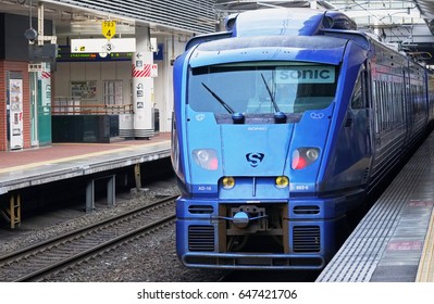 FUKUOKA, JAPAN - MAY 14, 2017 : The Sonic, 883 Series Train Parking  In JR Kyushu Sonic 883 Limited Express Train From Fukuoka To Beppu, Japan.