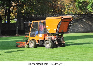 Fulda, Hesse, Germany - September 29, 2014: Commercial Lawn Mower In Use - Castle Garden In Fulda - Germany