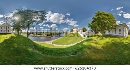 Full 360 by 180 degrees seamless view panorama in equirectangular equidistant spherical projection on the ruins of an ancient medieval castle over the river neman in sunny day. Skybox for VR content