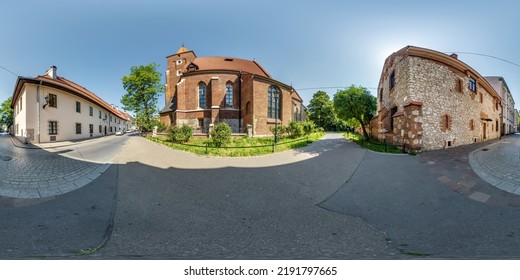full 360 panorama on near catholic gothic church red brick walls in old town with historical buildings, temples and town hall in equirectangular projection - Shutterstock ID 2191797665