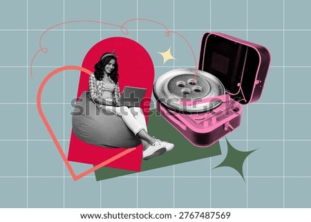 Full 3d artwork collage of happy girl sit chair listen old-fashioned vinyl disk button player enjoy playlist meloman track.