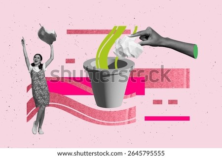 Full 3d artwork collage of young girl volunteer throw food bitten apple trash rubbish bin paper pollution environment save