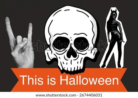 Full 3d artwork trend collage of happy american girl wear devil horns hold whip stand skull punk gesture autumn creepy season