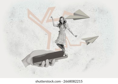 Full 3d image creative collage of happy girl guy stand hands hold phone message networking paper plane communication speech.