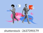 Full 3d poster art collage of happy girl guy hold phone send message bubble communication interface sms chat bell notification