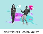 Full 3d poster art collage of happy girl guy hold phone send message bubble communication interface sms chat bell notification