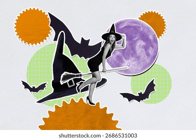 Full 3d sketch creative image poster art collage of happy witch girl fly broom moon planet bat halloween decoration enchantress hat