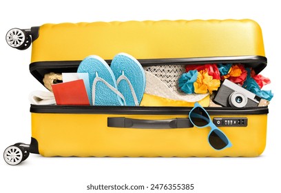 a full ajar suitcase with summer accessories, a passport and a camera lies on its side, on a white isolated background - Powered by Shutterstock