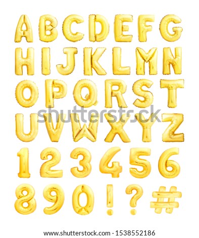 Full alphabet and numbers set made of golden inflatable balloons isolated on white background