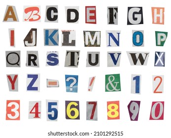 full alphabet of uppercase letters, digit numbers and symbols cut out from newspapers - Shutterstock ID 2101292515