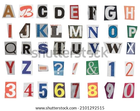 full alphabet of uppercase letters, digit numbers and symbols cut out from newspapers