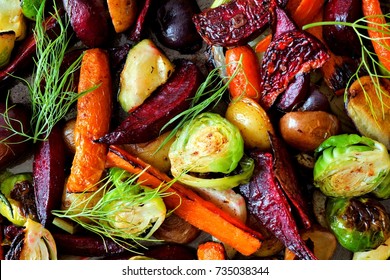 Full Background Of Roasted Colorful Autumn Vegetables, Above View