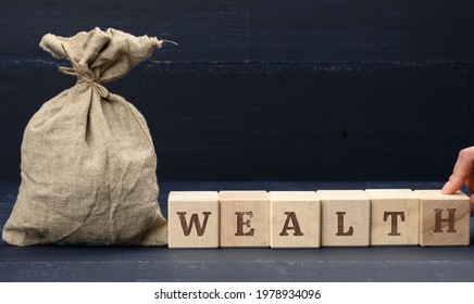 Full Bag And Inscription Wealth On Wooden Cubes. Savings And Accumulation Concept. Long Term Investment, Blue Background