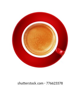 Full Big Cup Of Espresso Coffee With Brown Crema Froth On Red Porcelain Saucer Isolated On White Background, Close Up, Elevated Top View, Directly Above