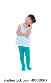 Full Body Of Adorable Asian Girl Thinking And Smiling. Thoughtful Child Looking Up, Isolated On White Background With Copyspace. Studio Shot.