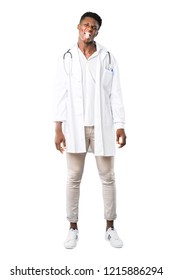 Full body of African american doctor makes funny and crazy face emotion on white background