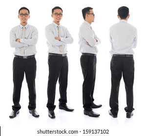 Full Body Arms Folded Asian Businessman In Different Angle, Front, Side And Rear View. Standing Isolated On White Background. Asian Male Model.