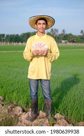 The Full Body Of Asian Farmer Man Wear Yellow Shirt Standing And Holding Thai Banknote Money At A Green Rice Farm