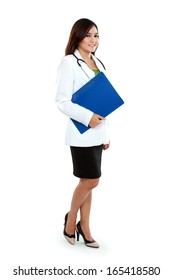 Full Body Asian Female Medical Doctor Holding A Clipboard Standing Isolated On White Background.